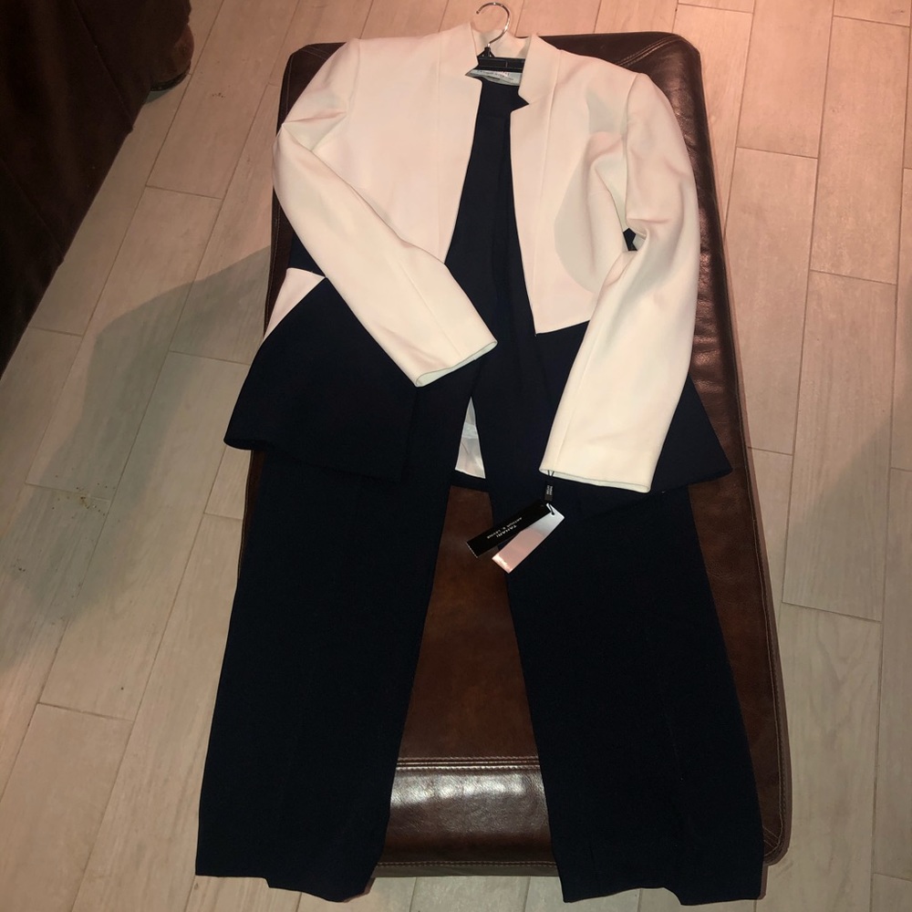 Ivory White and Navy Pants Suit